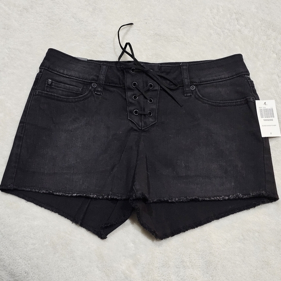 Blackheart Pants - Blackheart Black Lace‑Up Front Raw Hem Jean Shorts w/ Suede Tie & Distressed